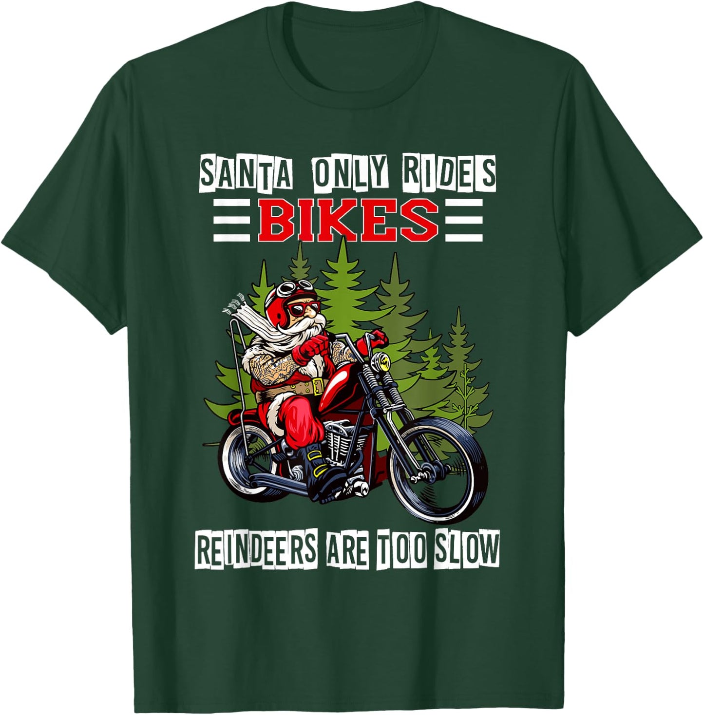 Santa Riding Funny Christmas Santa Motorcycle Biker T-Shirt - T-Shirt | Forest