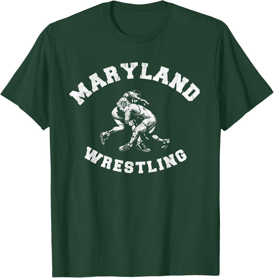 Maryland Wrestling 80s Distressed Retro Freestyle Wrestlers T-Shirt - T-Shirt | Forest