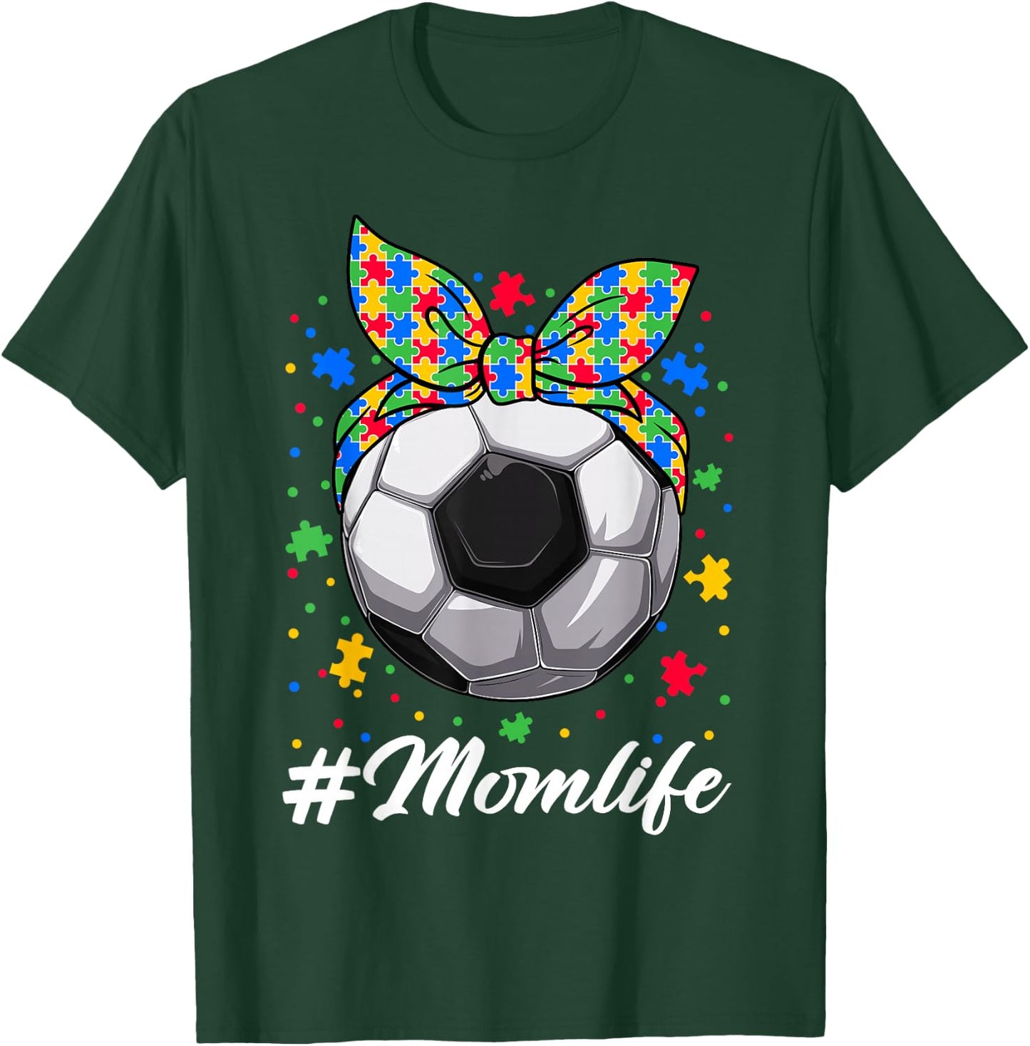 Messy Bun Soccer Ball Puzzle ASD Mom Life Autism Awareness T-Shirt - T-Shirt | Forest