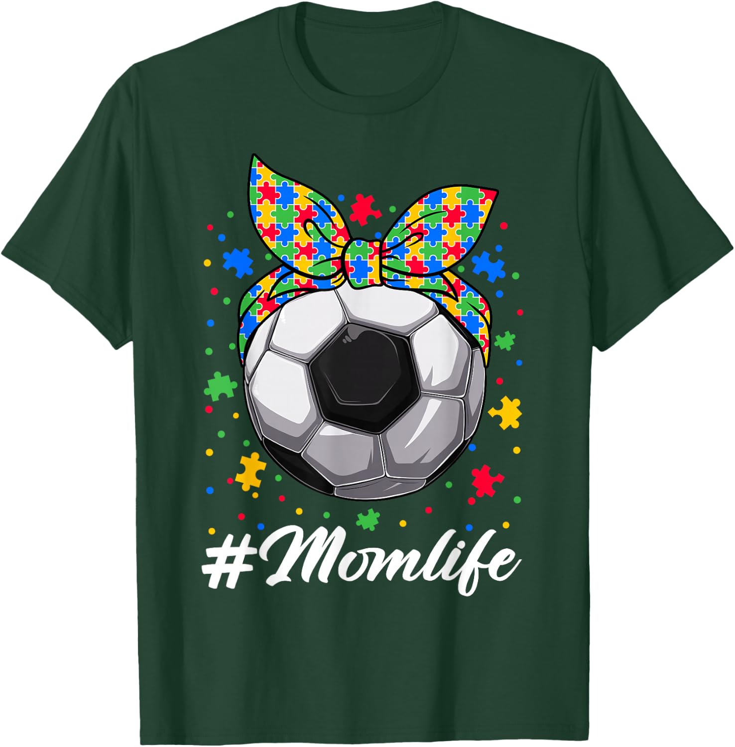 Messy Bun Soccer Ball Puzzle ASD Mom Life Autism Awareness T-Shirt - T-Shirt | Forest