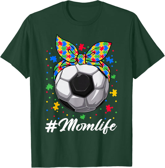 Messy Bun Soccer Ball Puzzle ASD Mom Life Autism Awareness T-Shirt - T-Shirt | Forest