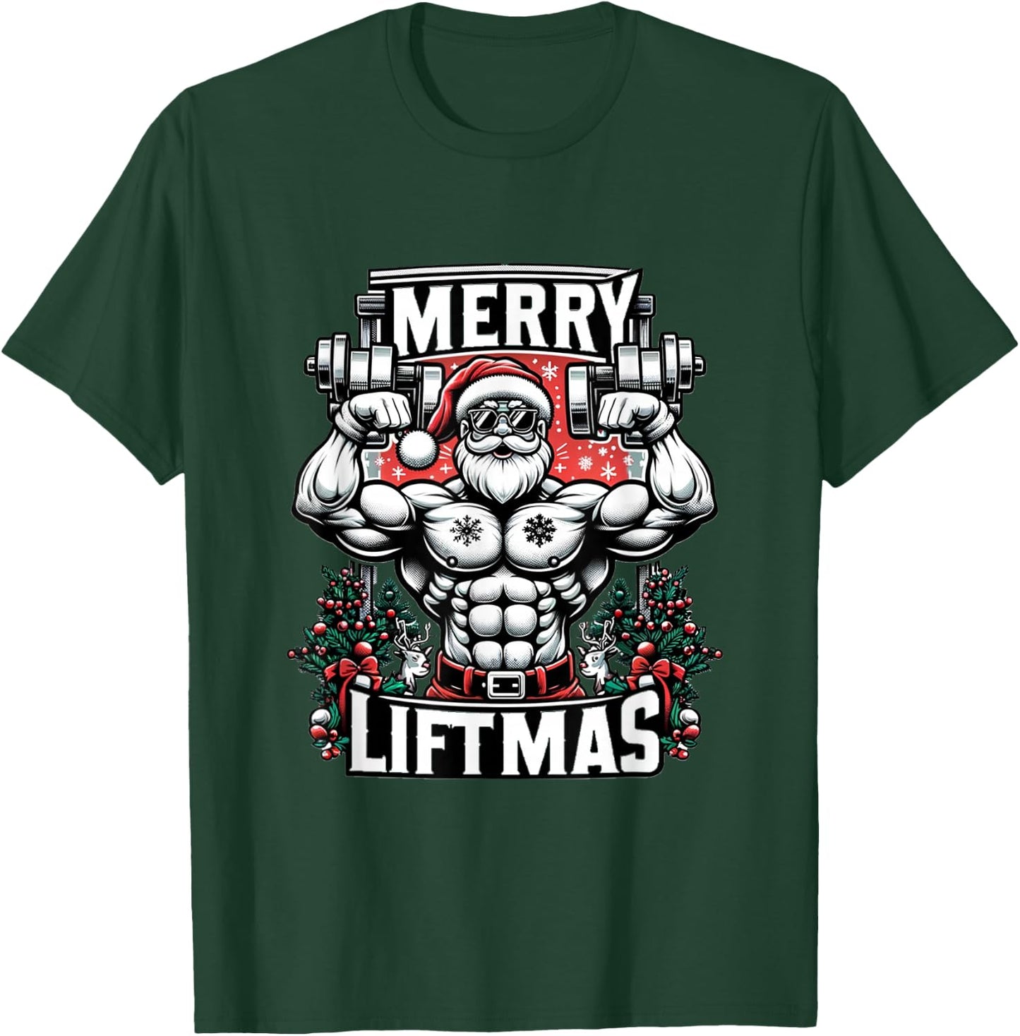 Merry Liftmas Christmas Fitness Madness Gym Santa BB Posing T-Shirt - T-Shirt | Forest