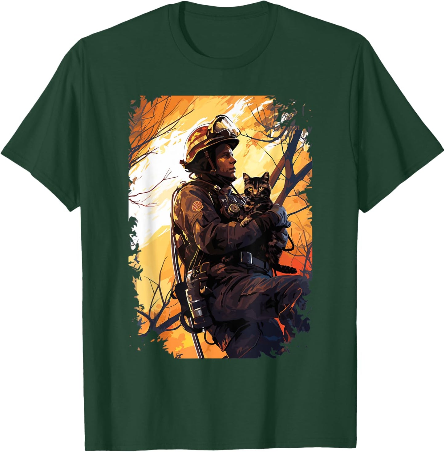 Firefighter Saving A Cat - Firefighter & Fireman T-Shirt - T-Shirt | Forest