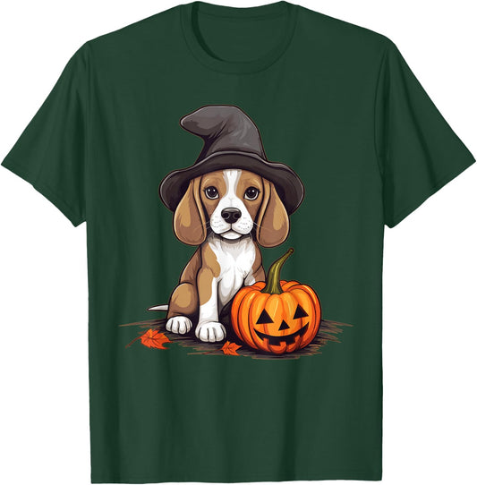 Halloween Witch Hat Pumpkin Dog Beagle T-Shirt - T-Shirt | Forest
