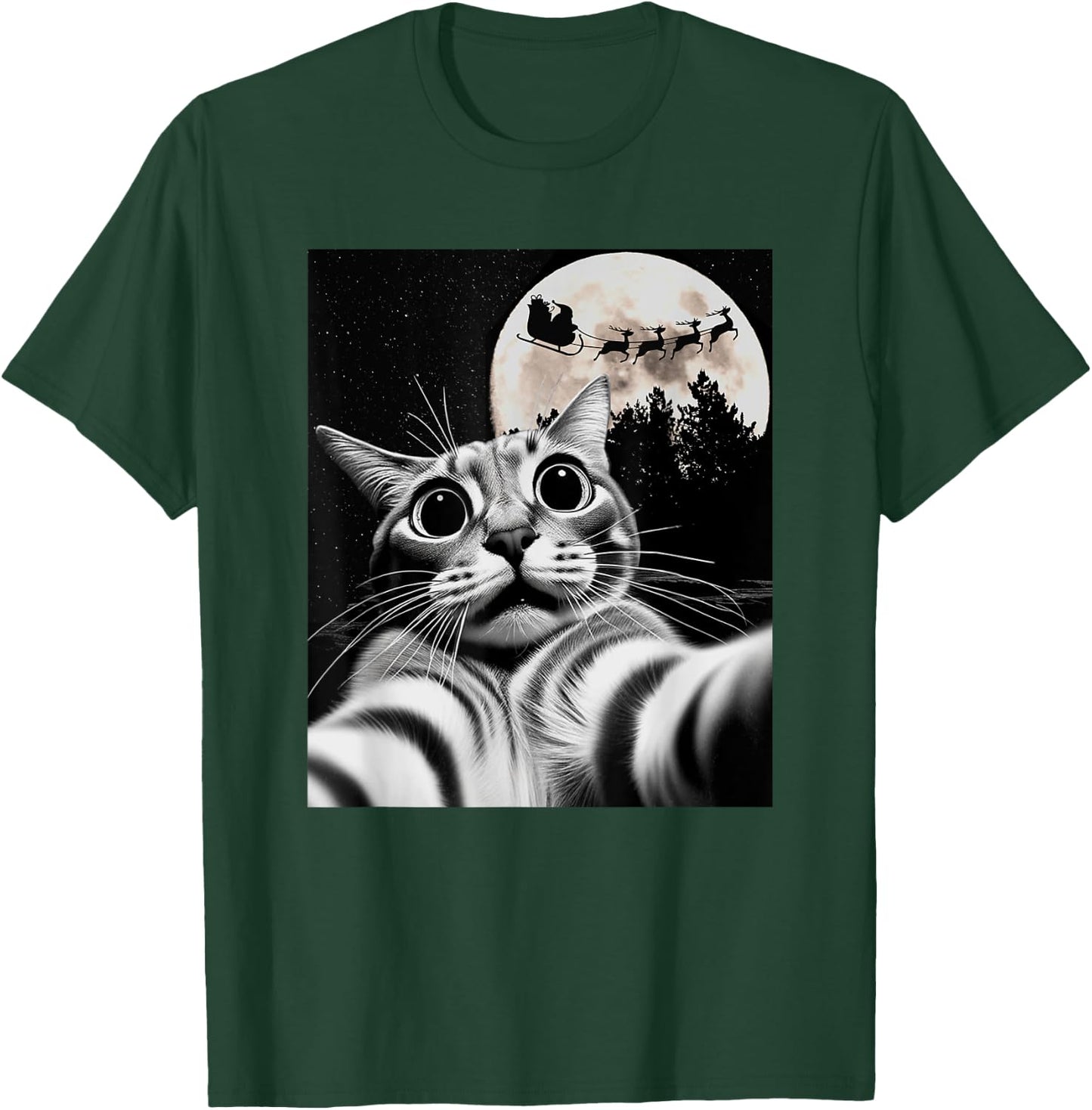 Men Women Kids Christmas Proof Santa is Real Cat Selfie T-Shirt - T-Shirt | Forest