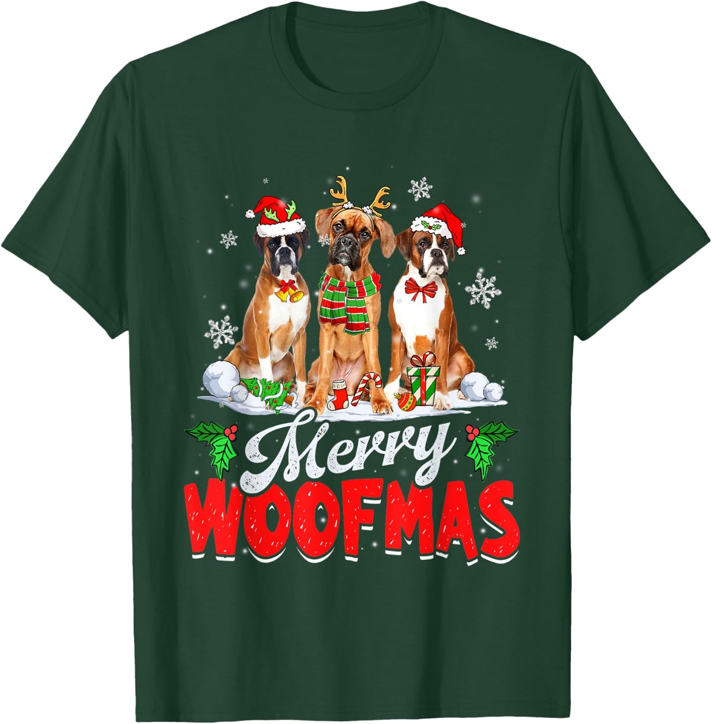 Merry Woofmas Boxer Dog Christmas Dog Lover Xmas T-Shirt - T-Shirt | Forest