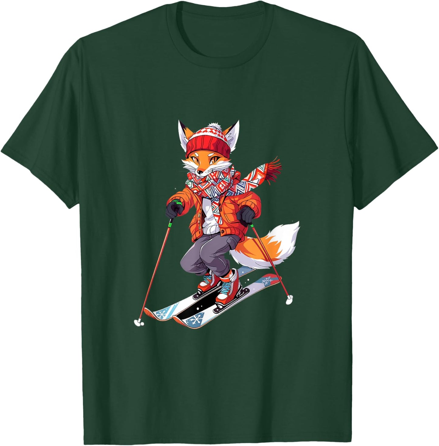 Fox Skiing Skier Ski Winter Snow T-Shirt - T-Shirt | Forest