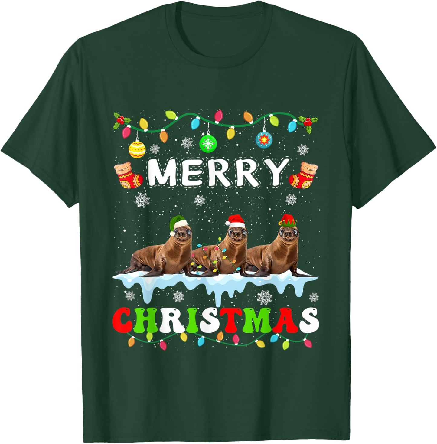 Funny Sea lion Christmas Squad Xmas Women Men Kids T-Shirt - T-Shirt | Forest