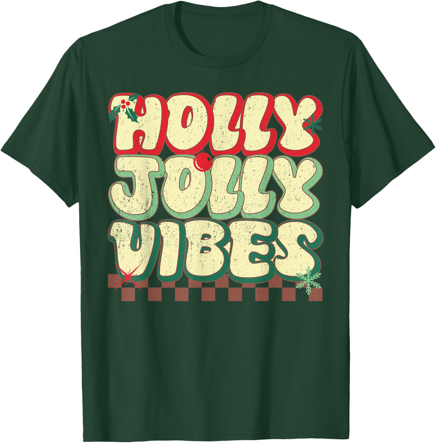 Holly Christmas Jolly Vibes Groovy Retro Xmas T-Shirt - T-Shirt | Forest