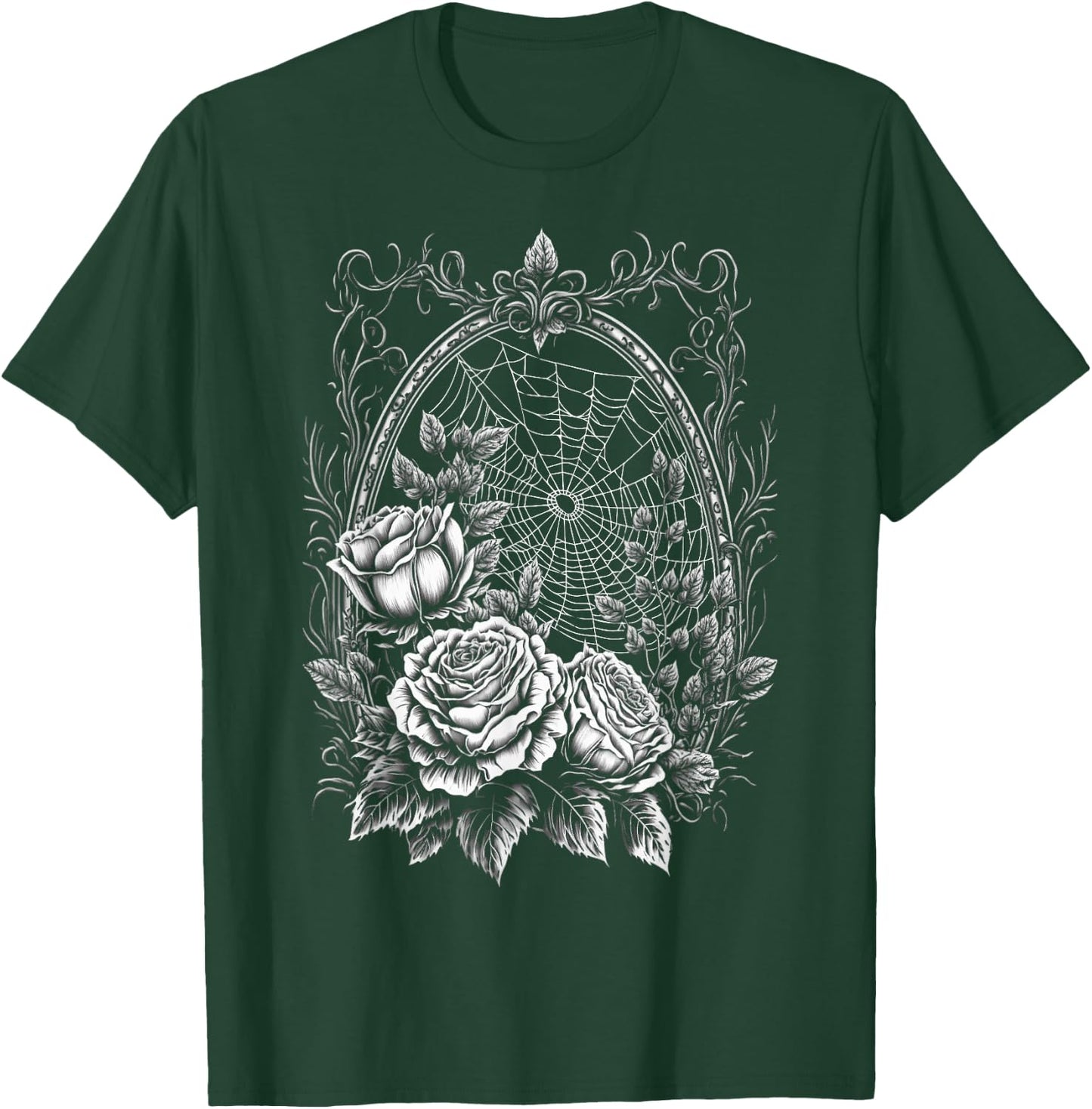 Spider Web With Frame And Roses Halloween Goth Nature Witch T-Shirt - T-Shirt | Forest
