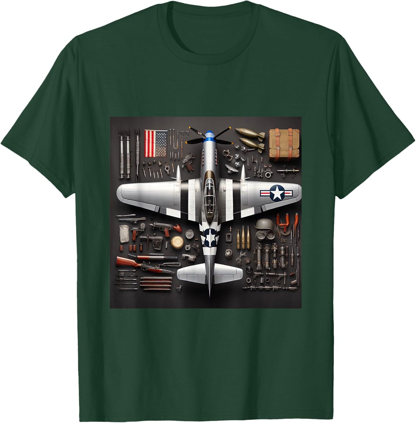 WW2 Warplane P51 Mustang Assembly Parts Blueprint T-Shirt - T-Shirt | Forest