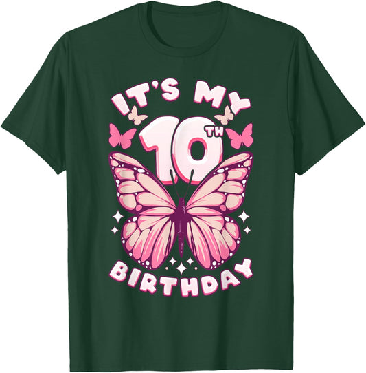 10th Birthday Girl 10 Years Old Butterflies and Number T-Shirt - T-Shirt | Forest
