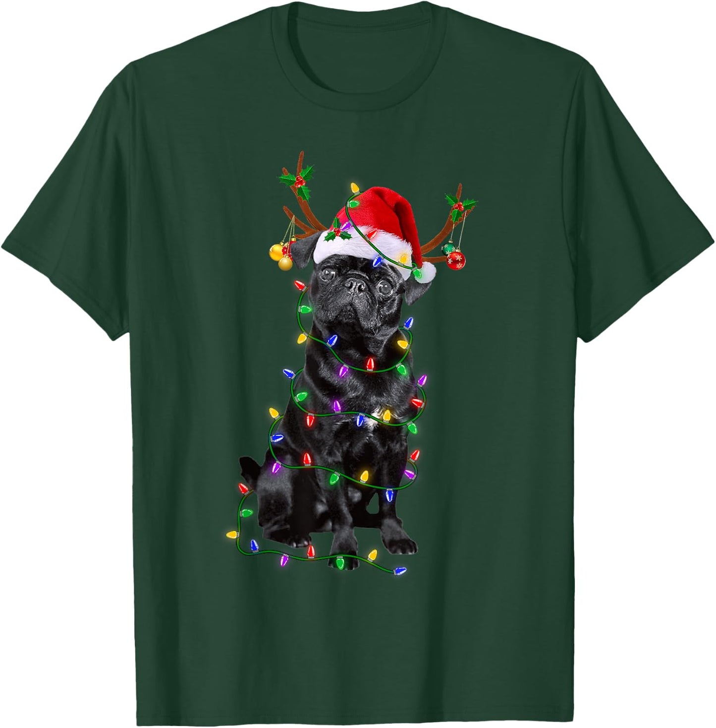 Funny Black Pug Dog Tree Christmas Lights Xmas T-Shirt - T-Shirt | Forest