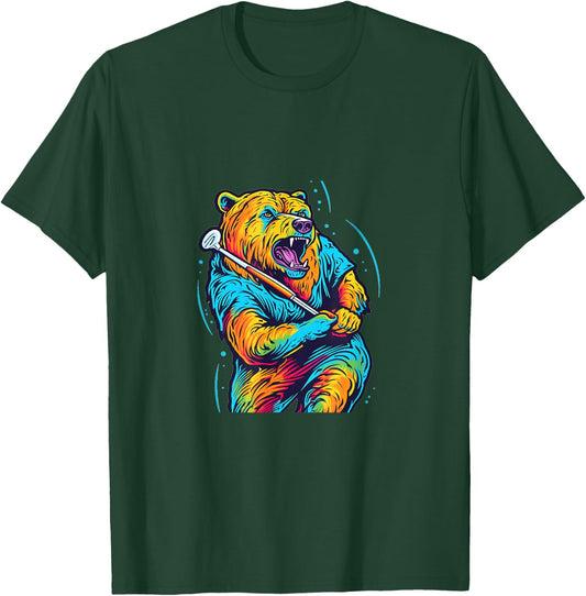 Golfer Grizzly Bear Golf Club Golfing Golf Player Pop Art T-Shirt - T-Shirt | Forest