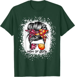 Mom Of Both Cheer Mom Basketball Mom Messy Bun Mother's Day T-Shirt - T-Shirt | Forest