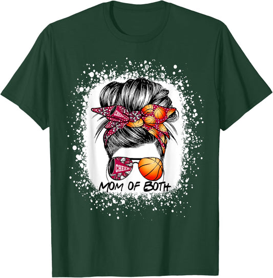 Mom Of Both Cheer Mom Basketball Mom Messy Bun Mother's Day T-Shirt - T-Shirt | Forest