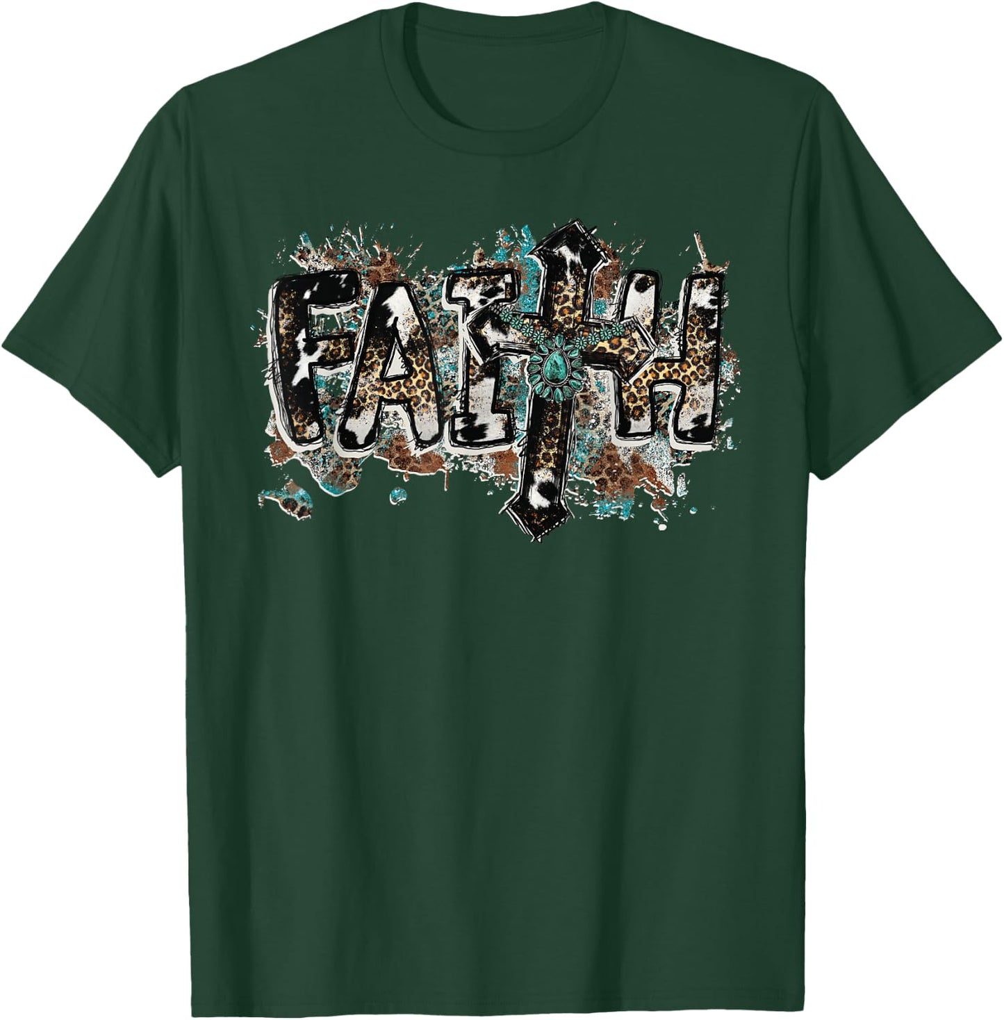 Grunge Faith T Christian Turquoise Leopard Faith Cross Jesus T-Shirt - T-Shirt | Forest