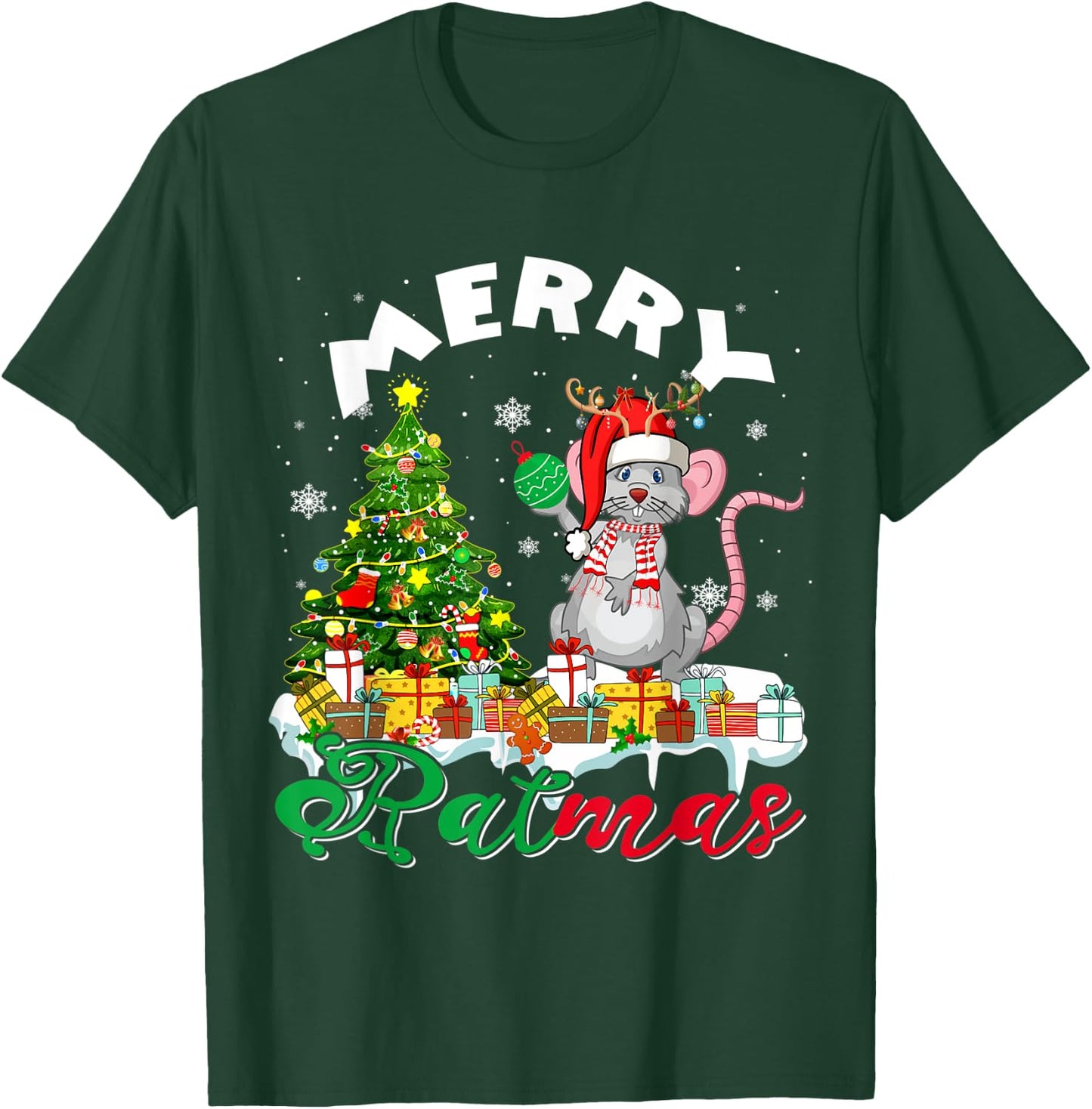 Merry Xmas Santa Reindeer Rat Sitting With Xmas Presents T-Shirt - T-Shirt | Forest