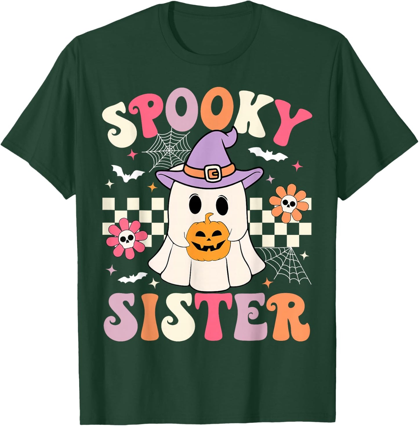 Groovy Spooky Sister Retro Ghost Holding Pumpkin Halloween T-Shirt - T-Shirt | Forest