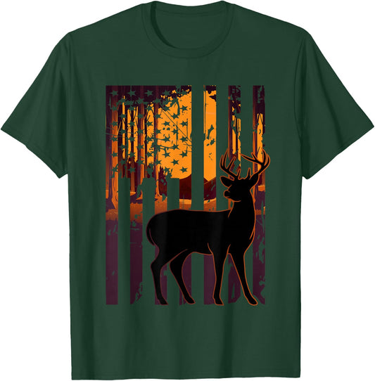 USA Flag Deer Hunting Setting Sun Funny Bow Hunters Outfit T-Shirt - T-Shirt | Forest