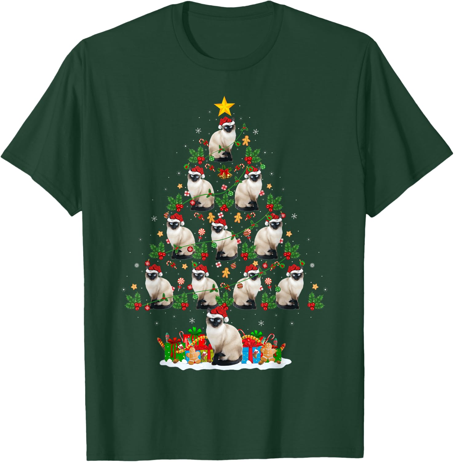 Lighting Xmas Holiday Santa Balinese Cat Christmas Tree Women Kids T-Shirt - T-Shirt | Forest