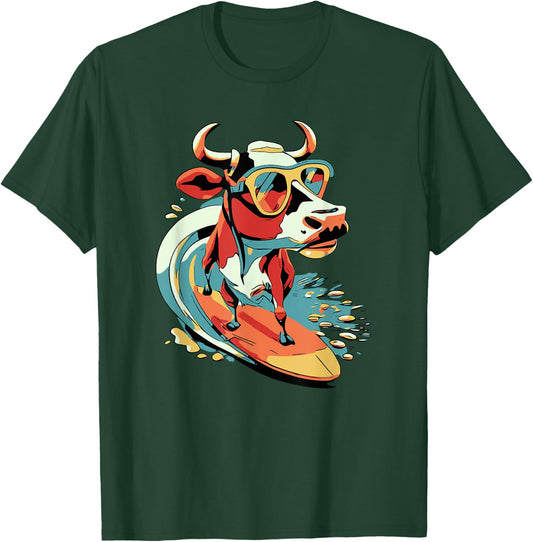Surfing Cow Catching a Wave Farmer Surfer Surf Time T-Shirt - T-Shirt | Forest