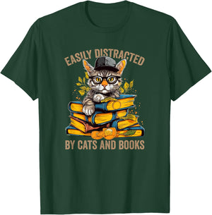 Easily Distracted by Cats and Books Book Reading Lovers T-Shirt - T-Shirt | Forest