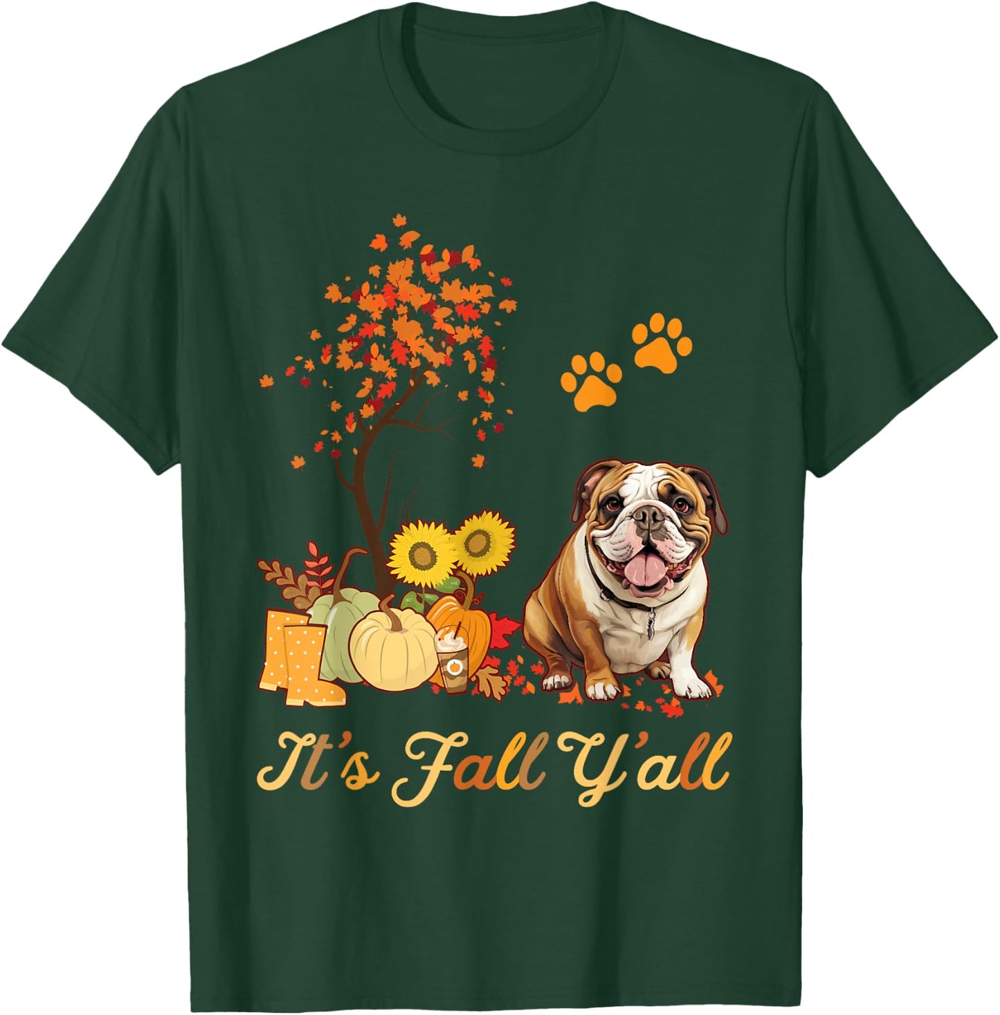English Bulldog Fall Leaves Autumn Maple Tree Thanksgiving T-Shirt - T-Shirt | Forest
