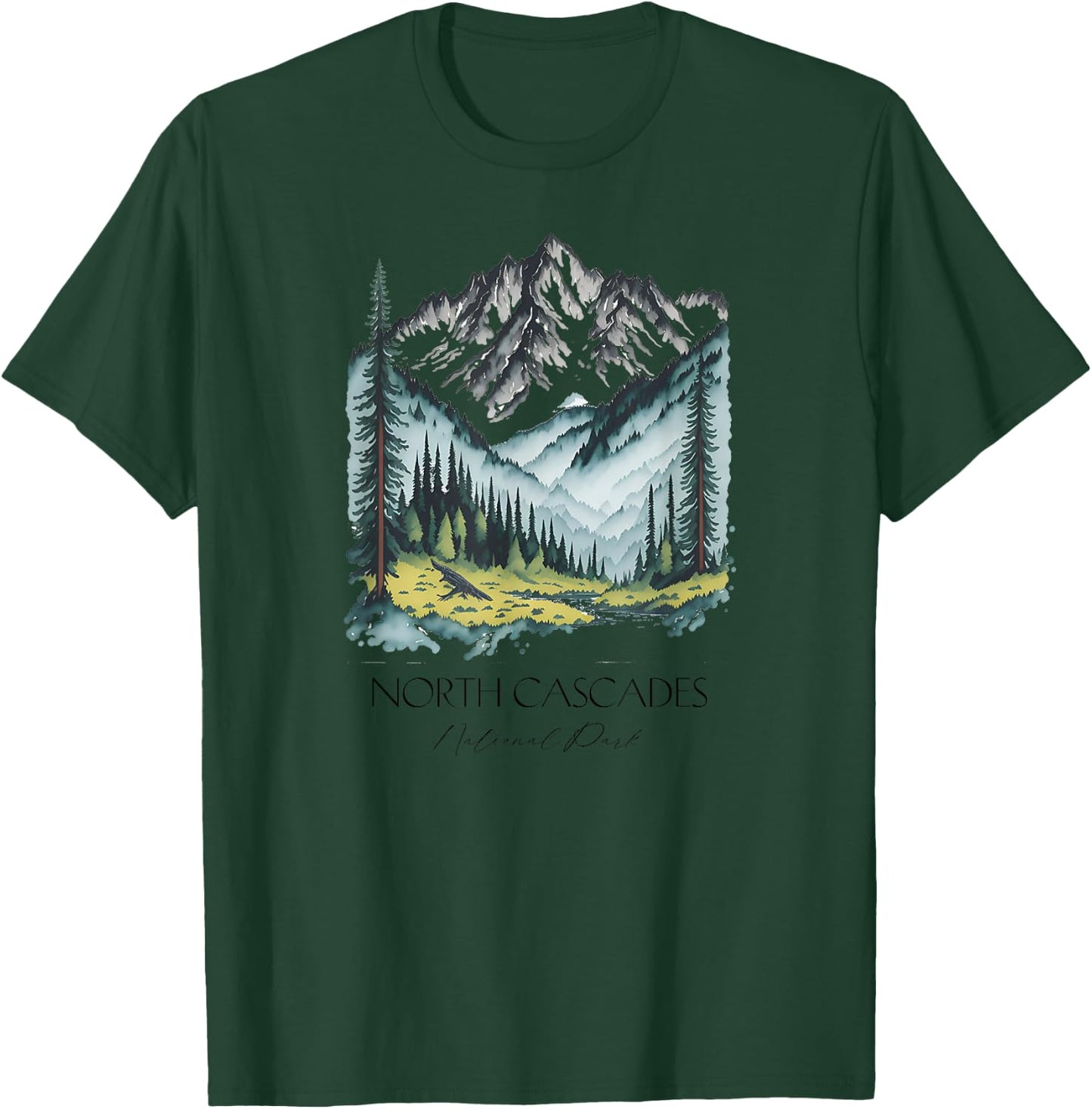 Cool North Cascades National Park Hiking Watercolor Graphic T-Shirt - T-Shirt | Forest