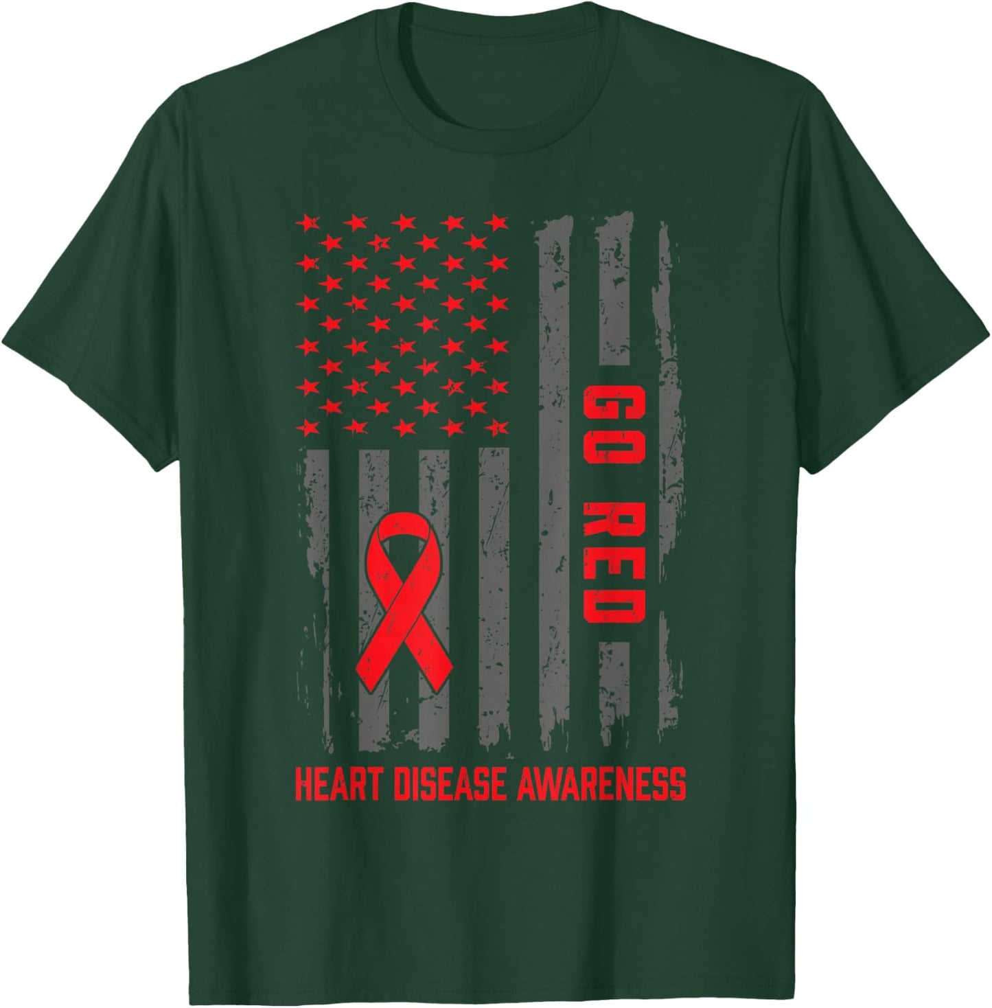 Heart Disease American Flag Go Red Heart Disease Awareness T-Shirt - T-Shirt | Forest