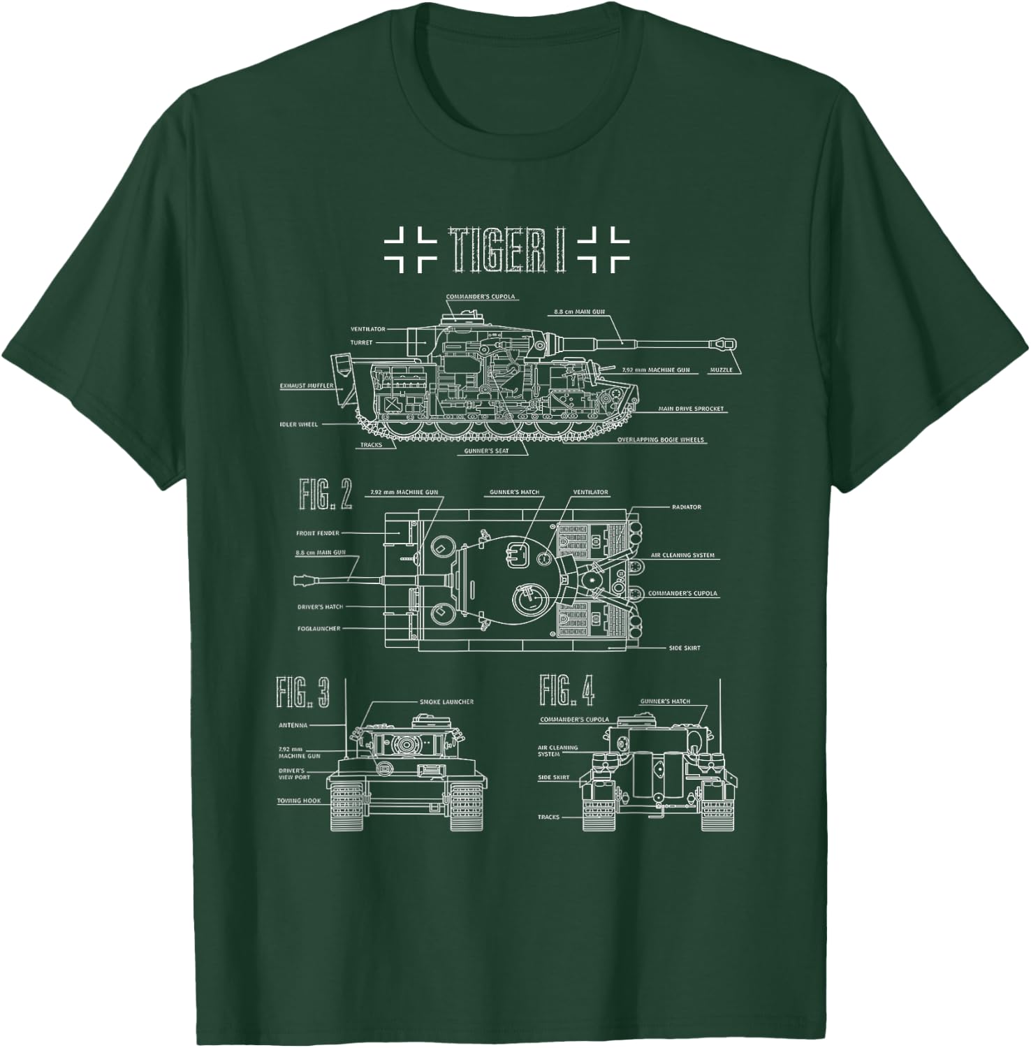 World War 2 German Tank Tiger I Engineering Blueprint T-Shirt - T-Shirt | Forest