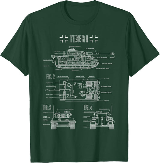World War 2 German Tank Tiger I Engineering Blueprint T-Shirt - T-Shirt | Forest
