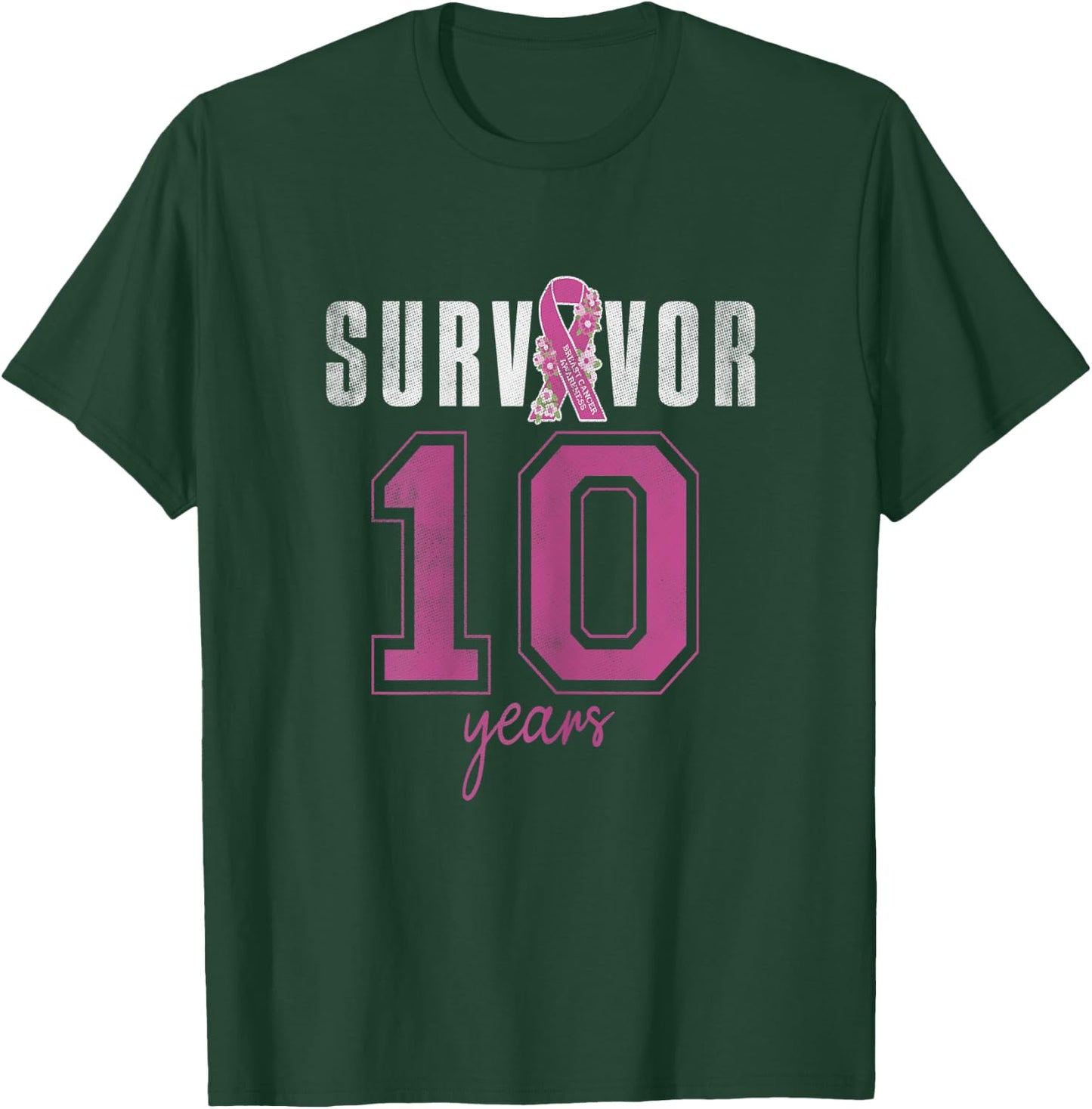 Survivor 10 Years October Ribbon Breast Cancer Awareness T-Shirt - T-Shirt | Forest