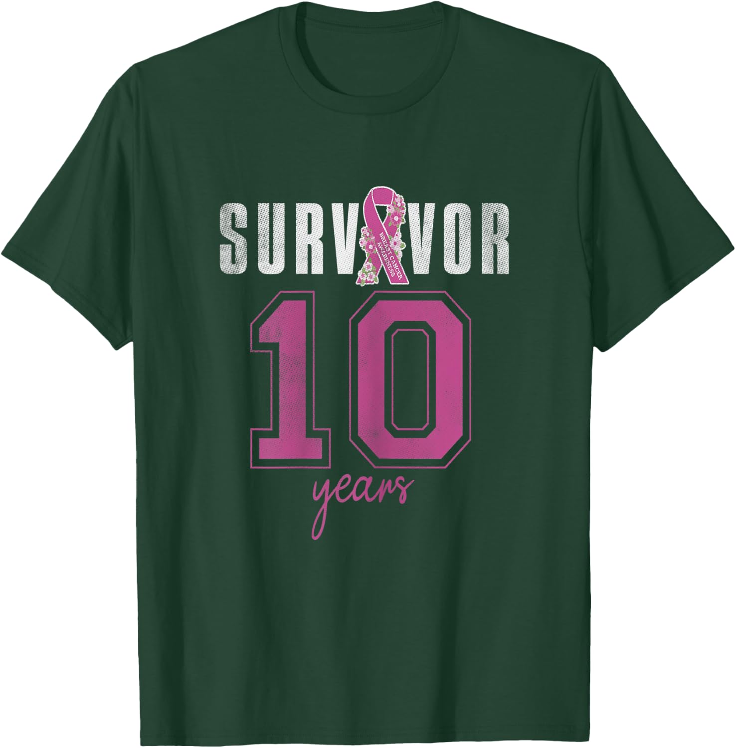 Survivor 10 Years October Ribbon Breast Cancer Awareness T-Shirt - T-Shirt | Forest