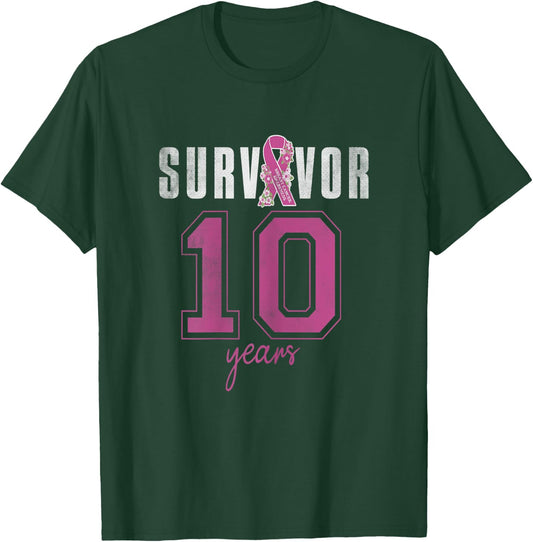 Survivor 10 Years October Ribbon Breast Cancer Awareness T-Shirt - T-Shirt | Forest