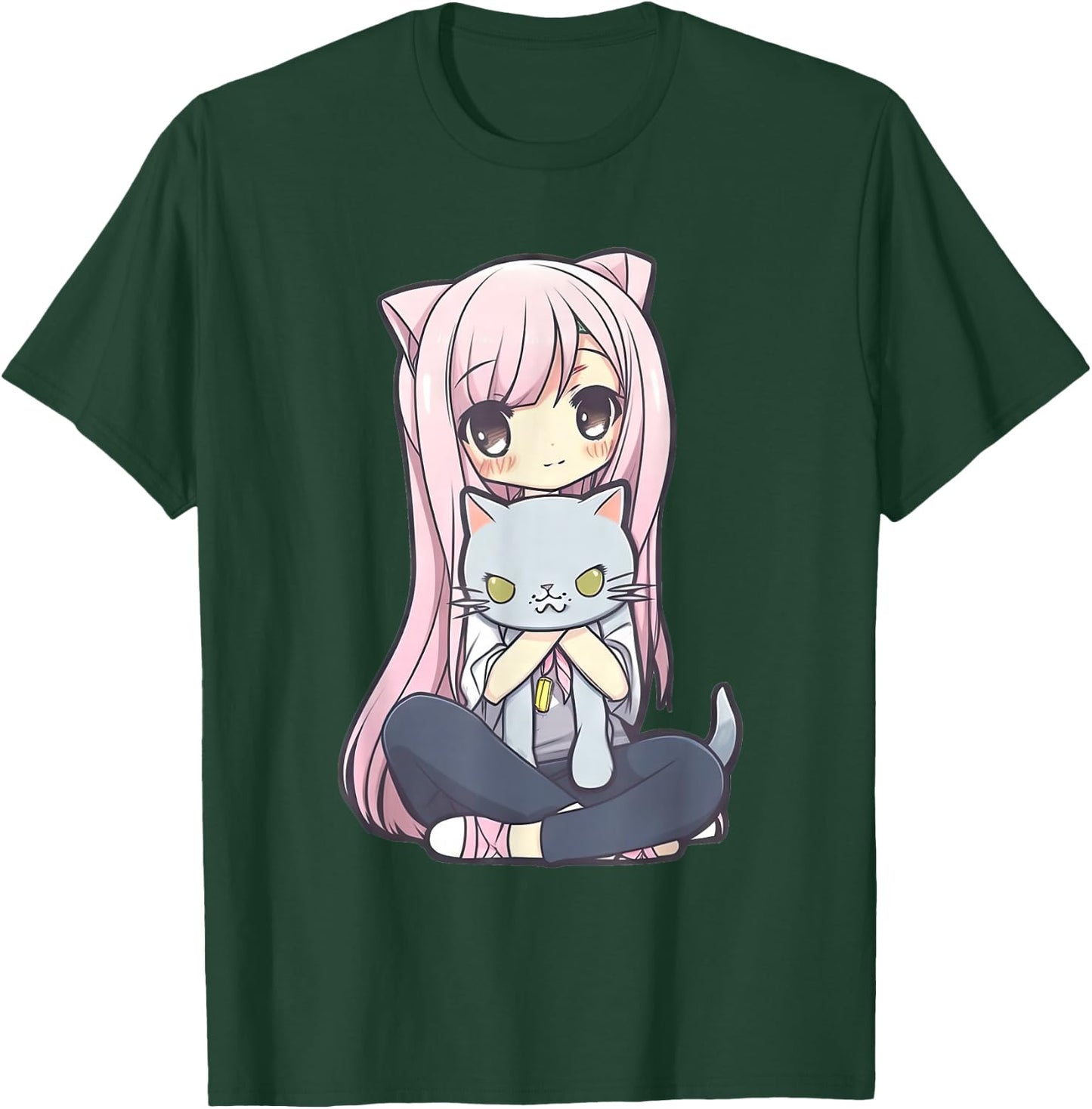 Anime and Cats Kawaii Cute Teen Otaku Girl with Cat T-Shirt - T-Shirt | Forest
