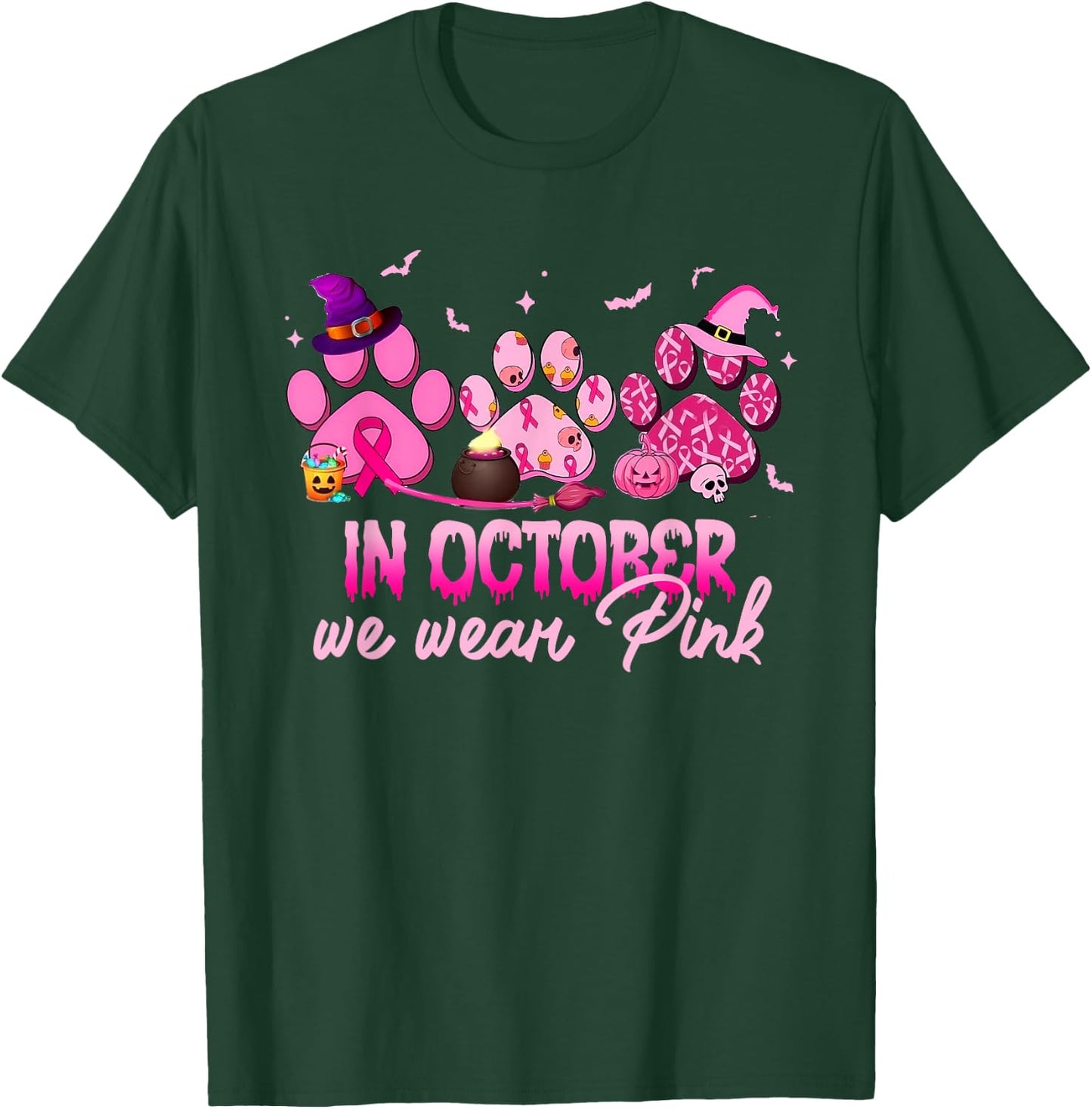 In October We Wear Pink Dog Cat Paw Breast Cancer Awareness T-Shirt - T-Shirt | Forest