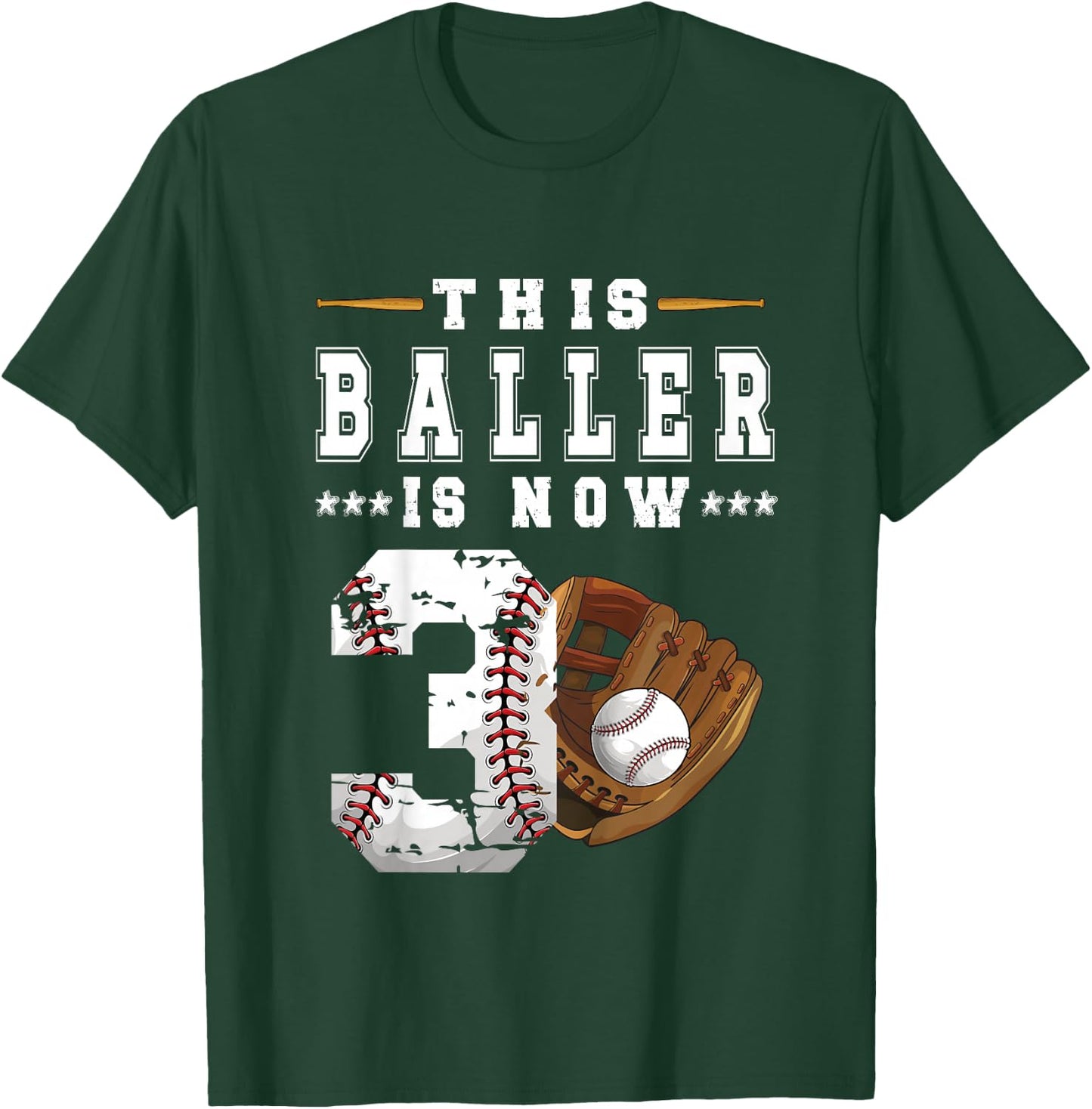 Kids 3rd Birthday Baseball Boy Three Year Old Baseball Player T-Shirt - T-Shirt | Forest