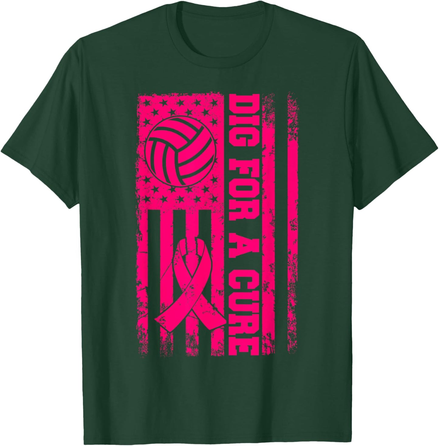 Dig For A Cure Breast Cancer Volleyball Pink American Flag T-Shirt - T-Shirt | Forest