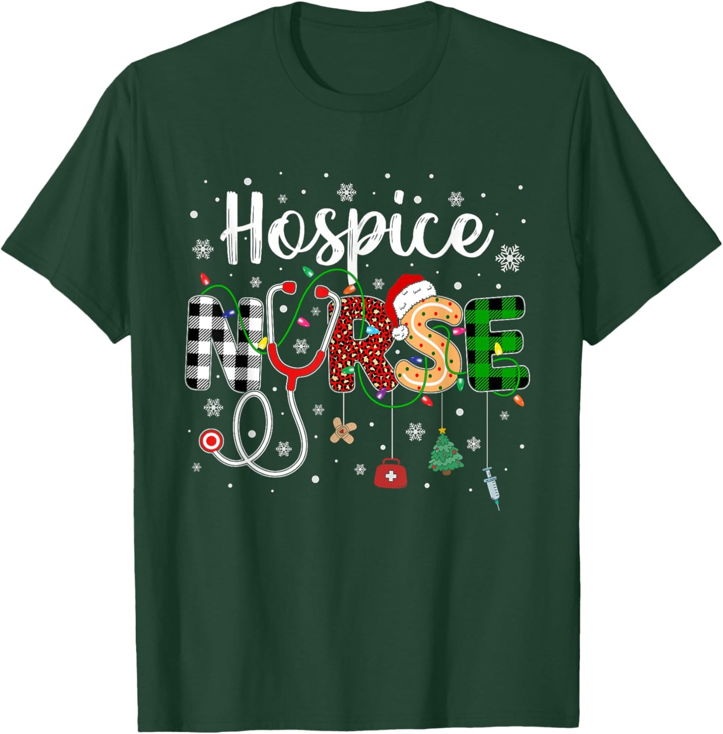 Hospice Nurse Xmas Santa Hat Nursing Christmas Pattern T-Shirt - T-Shirt | Forest