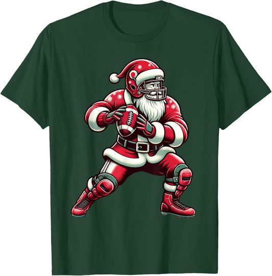 Santa Playing American Football Christmas Women Men Kids T-Shirt - T-Shirt | Forest