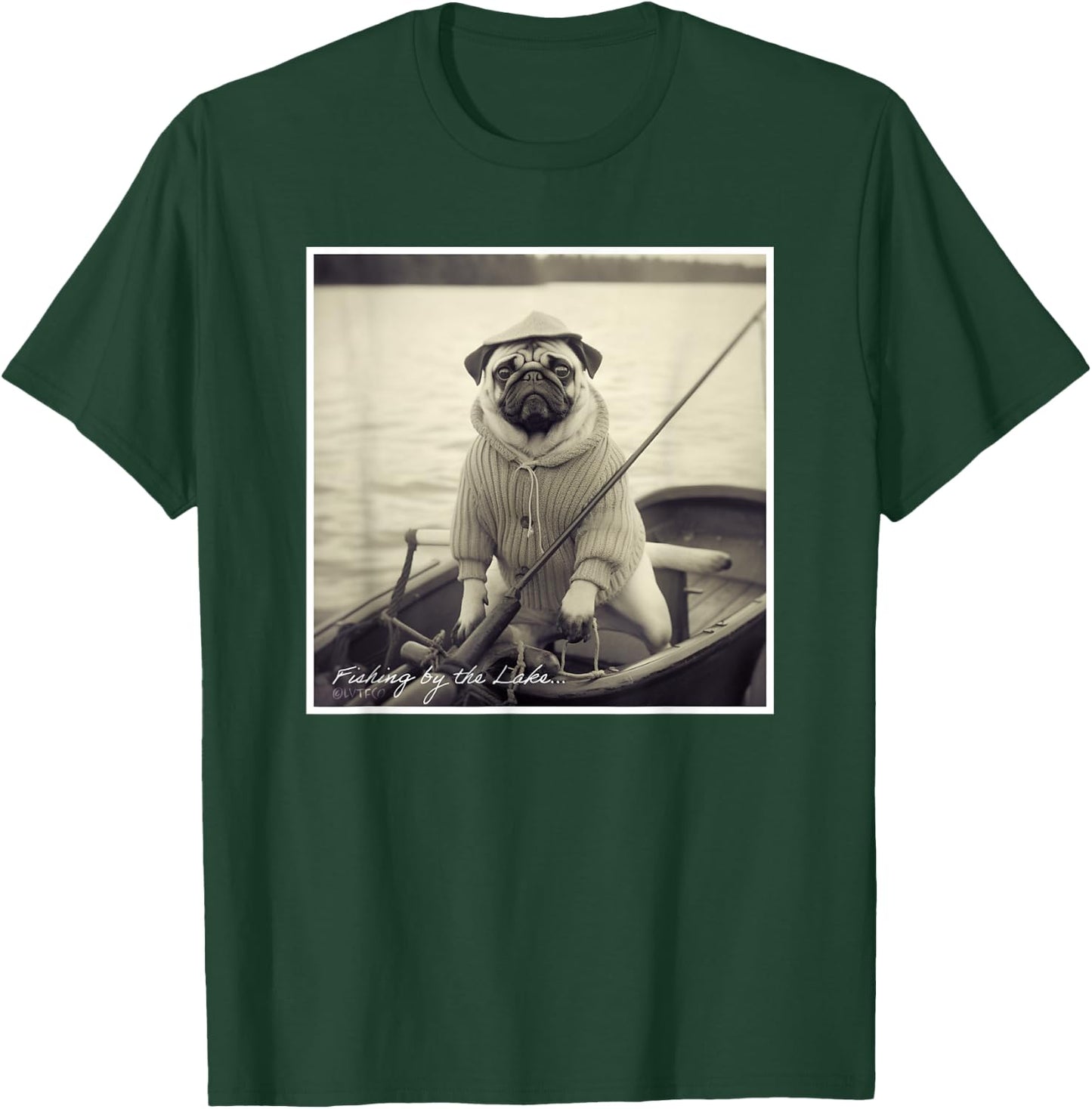Funny Pug Fisherman on Boat Vintage Graphic T-Shirt - T-Shirt | Forest