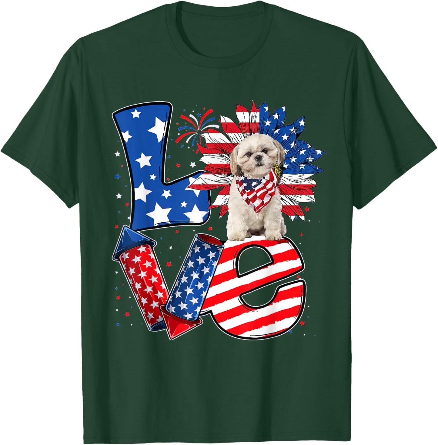 4th of July Decor Patriotic LOVE Shih Tzu Dog USA Flag T-Shirt - T-Shirt | Forest