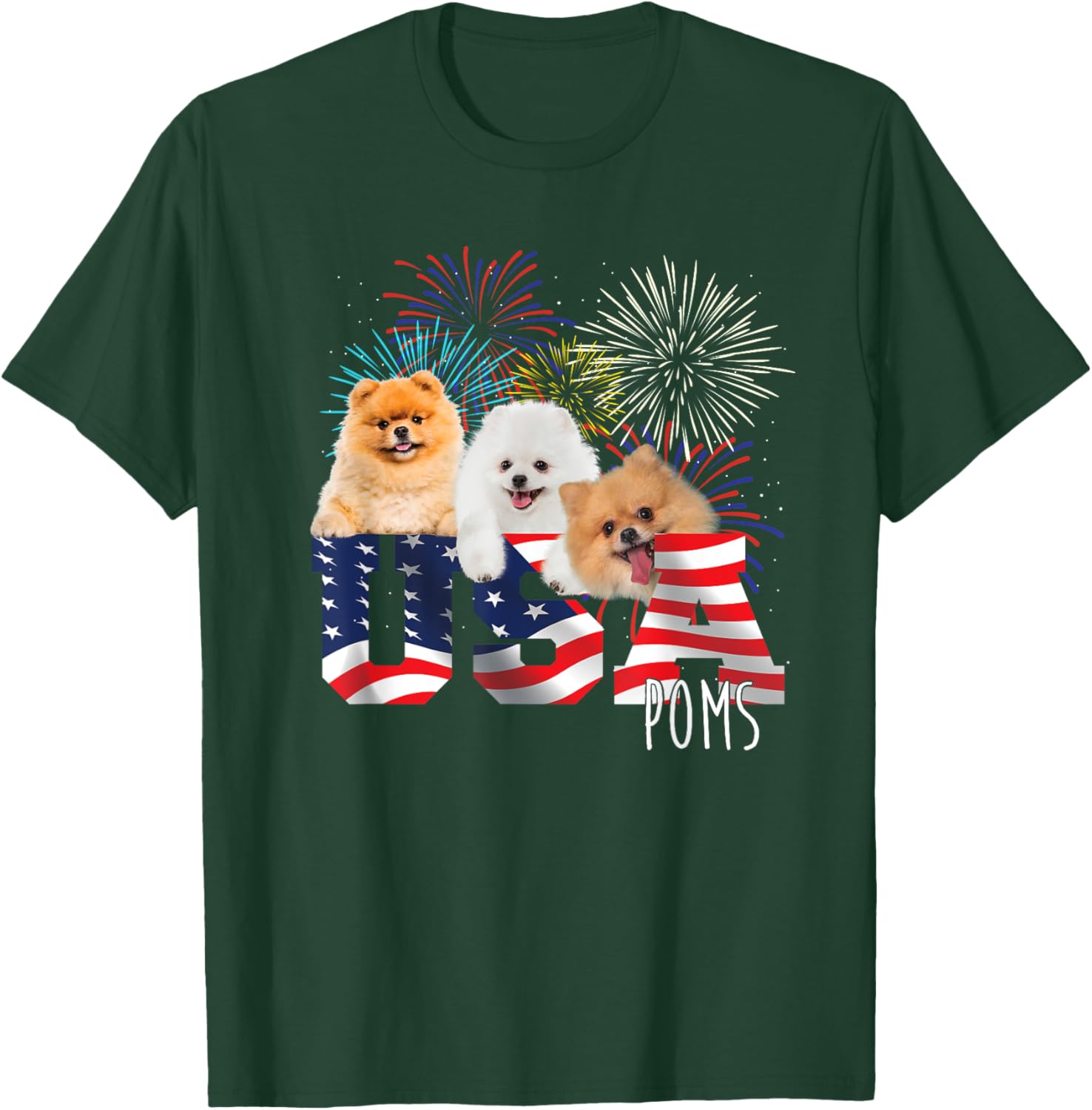 USA Poms - American Flag Patriotic Dog Lover Pet Owner Puppy T-Shirt - T-Shirt | Forest