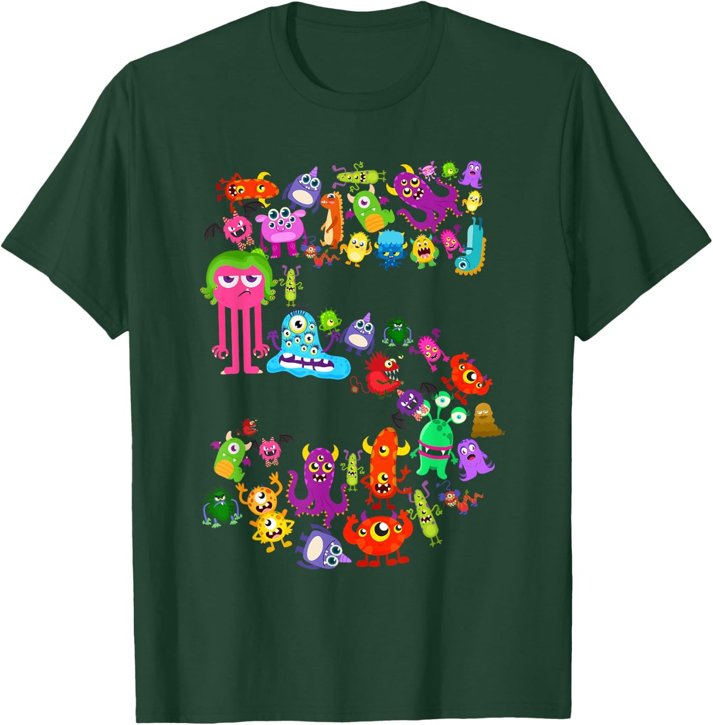 Little Monster 5 Five Year Old Kid 5th Birthday Party Aliens T-Shirt - T-Shirt | Forest