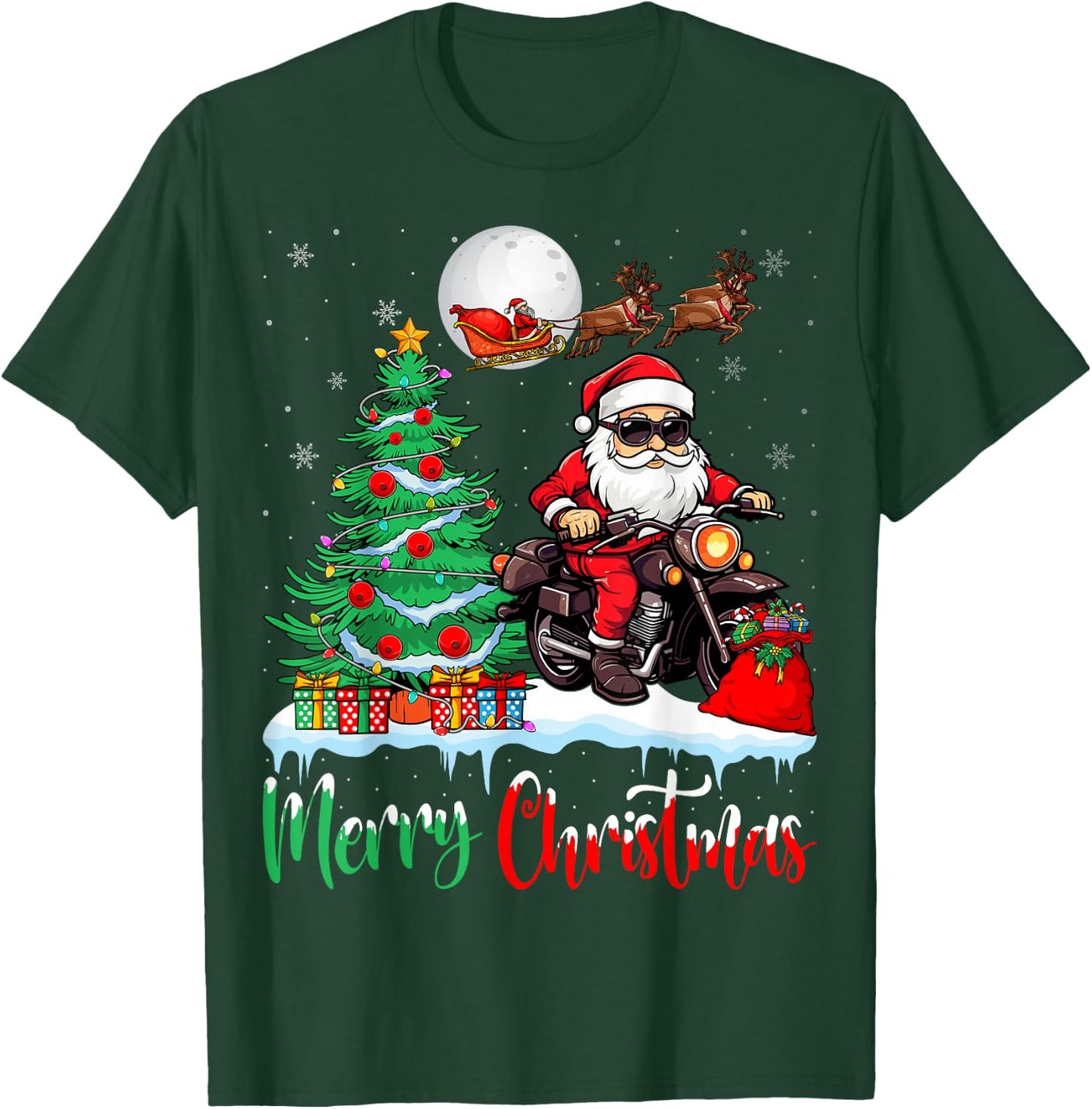 Motorcycle Santa Christmas Tree Xmas Merry Christmas Santa T-Shirt - T-Shirt | Forest