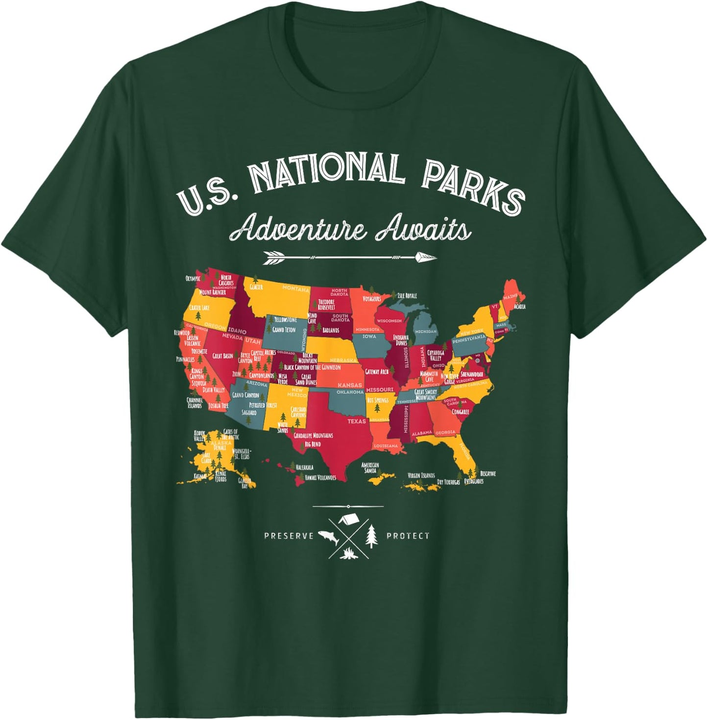 63 National Parks Map US Park Retro Vintage Camping Hiking T-Shirt - T-Shirt | Forest