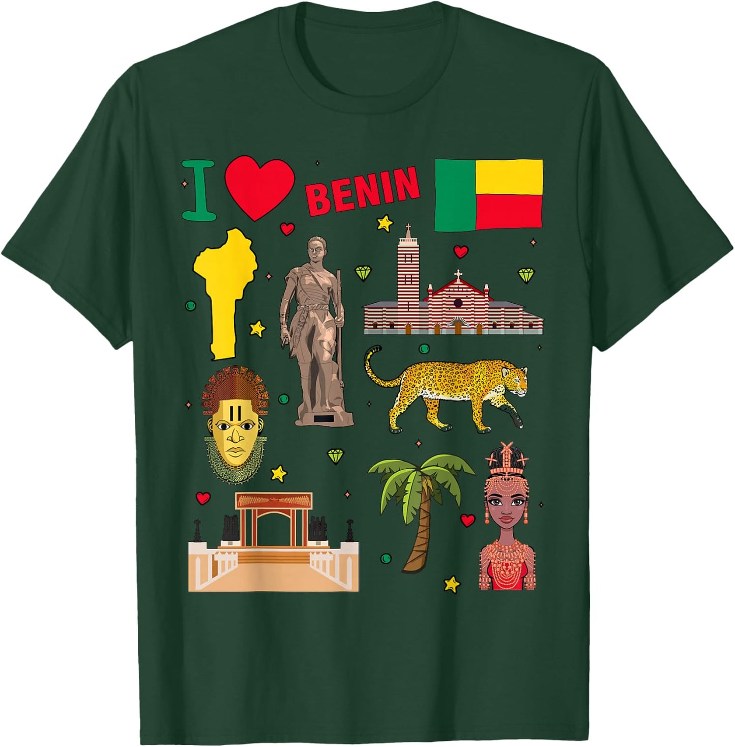 I love Benin. Hand drawn Beninese Landmarks, flag and map T-Shirt - T-Shirt | Forest