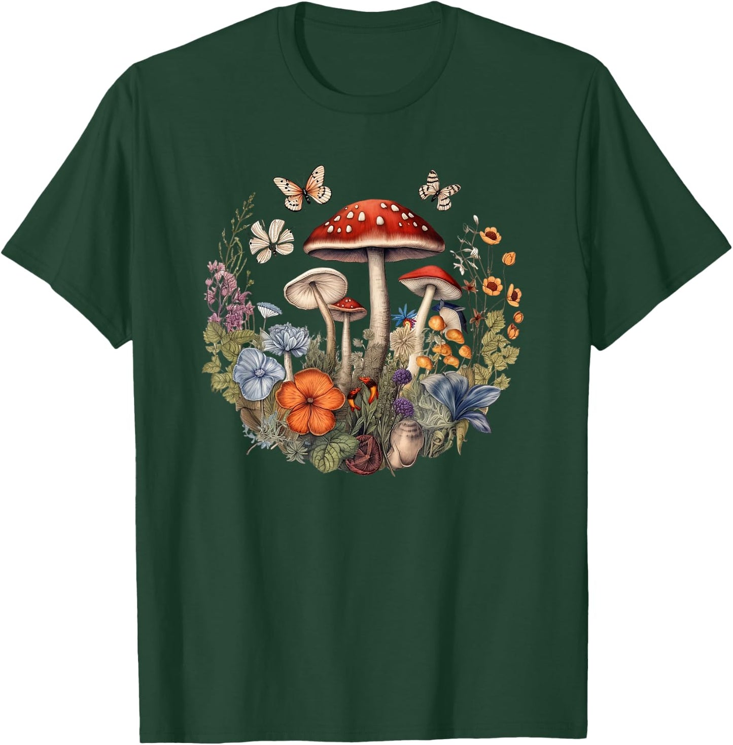 Flower Botanical Butterflies Mushroom Vintage Design T-Shirt - T-Shirt | Forest