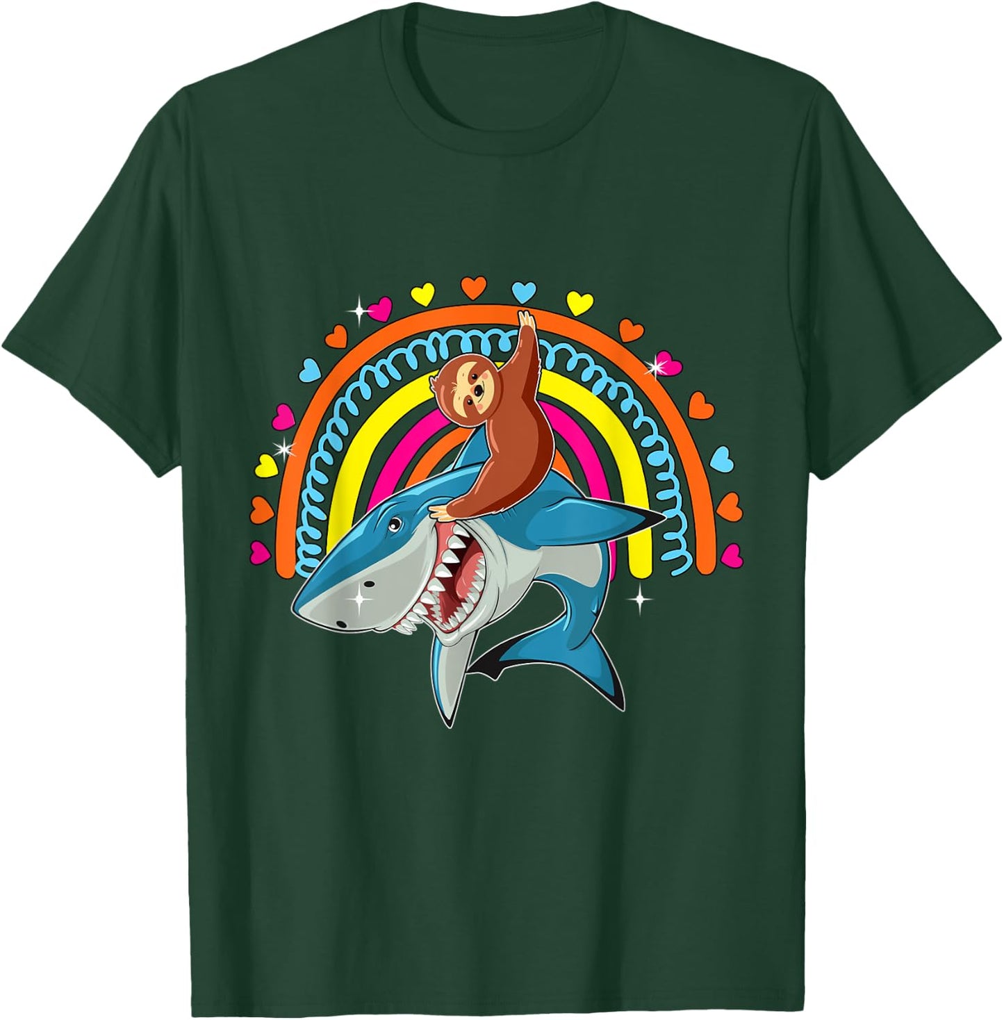 Sloth Riding Shark Funny Zoo Animal Rainbow Hearts Lover T-Shirt - T-Shirt | Forest